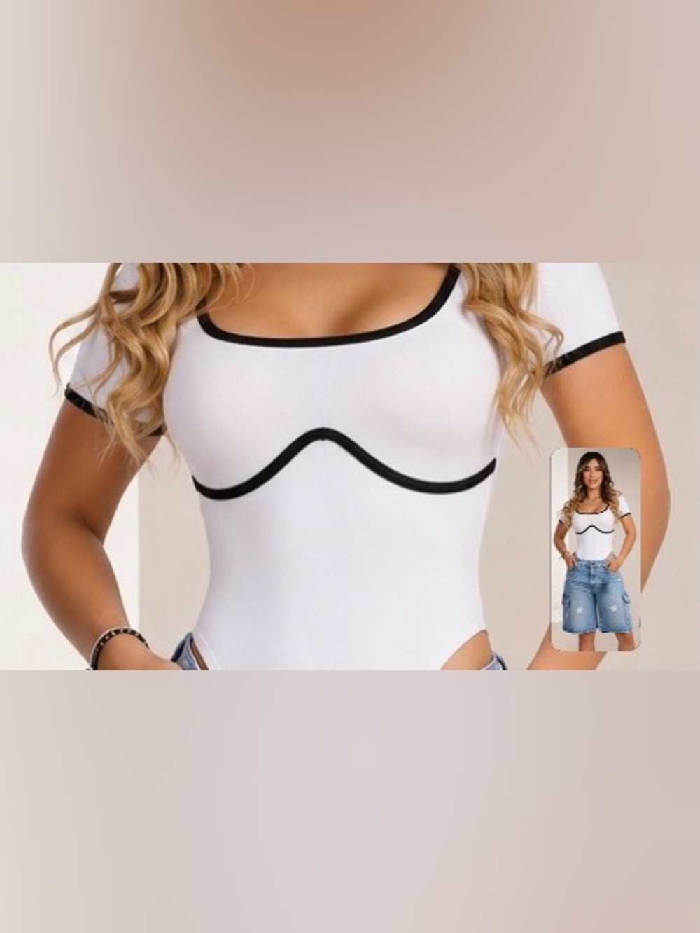 White Bodysuit with Black Trim Scoop Neck — Women's Shapewear